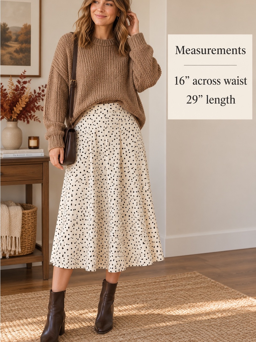 LOFT Polka Dot Pleated Midi Skirt Size 8 Ivory Black A-Line